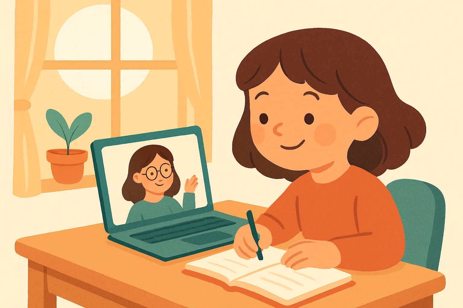 自宅のパソコンでオンライン授業を受ける子どもと、画面の中の先生のイラスト